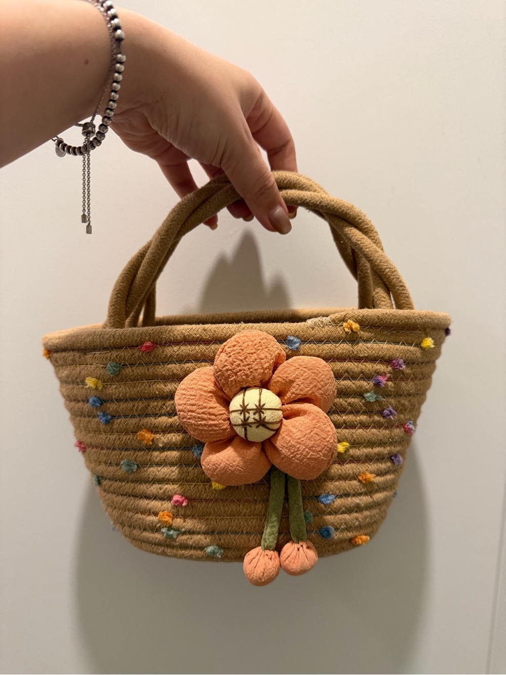 Women's Mini Straw Tote Bag with Peach Floral Accent
